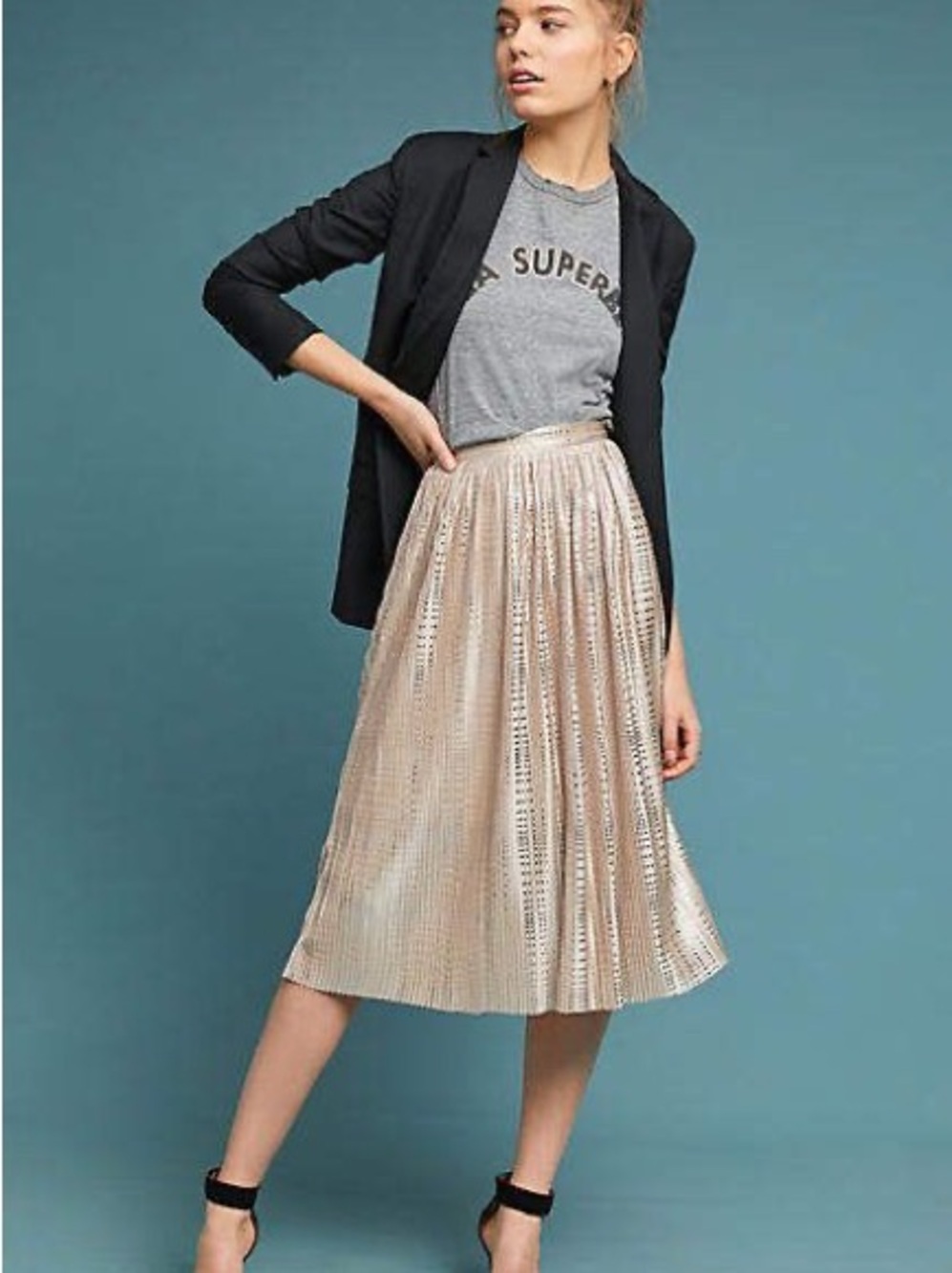 Anthropologie Rose Gold Metallic Pleated Midi Skirt